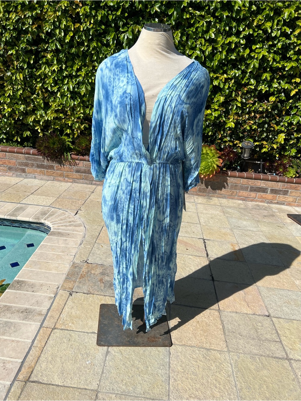 Blue Tie-Dye Plunging V-Neck Midi Dress